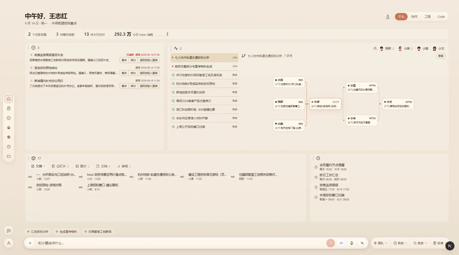 Mozi 个人工作台：任务、协作轨迹、今日交付与定时任务